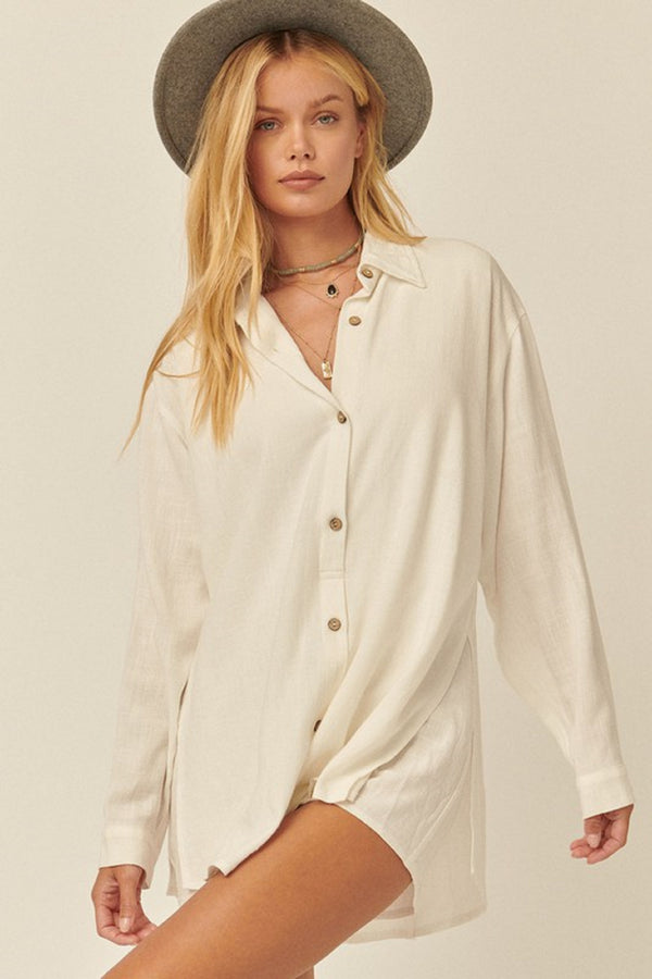 Solid Woven Button Up Dress Shirt Over layer Romper
