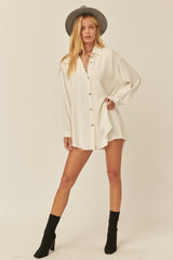 Solid Woven Button Up Dress Shirt Over layer Romper