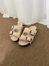 PRE-ORDER FAUX SHEARLING BUCKLE SANDALS