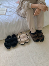 PRE-ORDER FAUX SHEARLING BUCKLE SANDALS