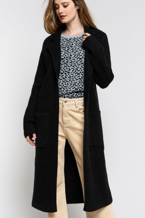 Shiny Black Wool blend Coat Cardigan